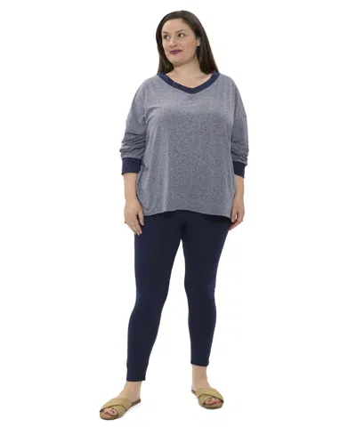 24seven Comfort Apparel Plus Size Two Tone V-neck Long Sleeve Top And Legging Set In Gray