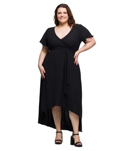 24seven Comfort Apparel Plus Size V-neck Belted Faux Wrap High Low Dress In Black