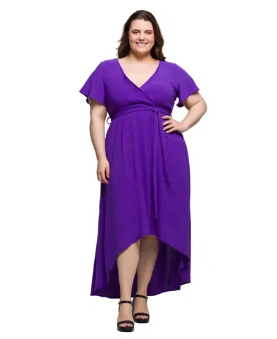 24seven Comfort Apparel Plus Size V-neck Belted Faux Wrap High Low Dress In Purple