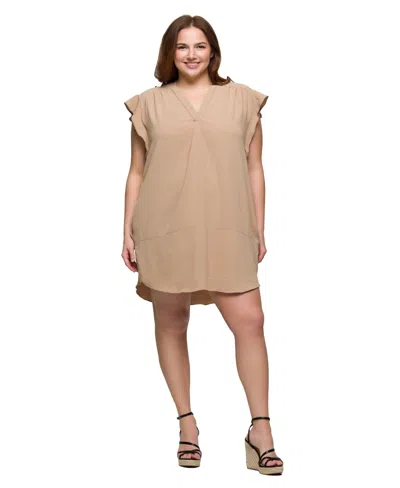 24seven Comfort Apparel Plus Size V-neck Cap Sleeve Knee Length Pocket Dress In Neutral