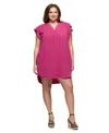 24seven Comfort Apparel Plus Size V-neck Cap Sleeve Knee Length Pocket Dress In Pink