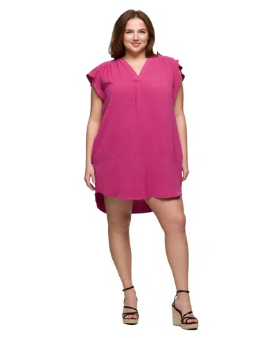 24seven Comfort Apparel Plus Size V-neck Cap Sleeve Knee Length Pocket Dress In Pink