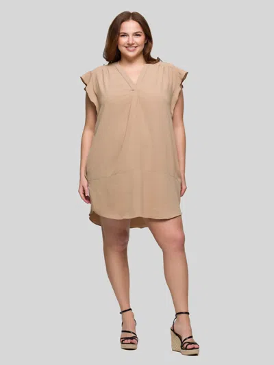 24seven Comfort Apparel Plus Size V-neck Cap Sleeve Knee Length Pocket Dress In Neutral