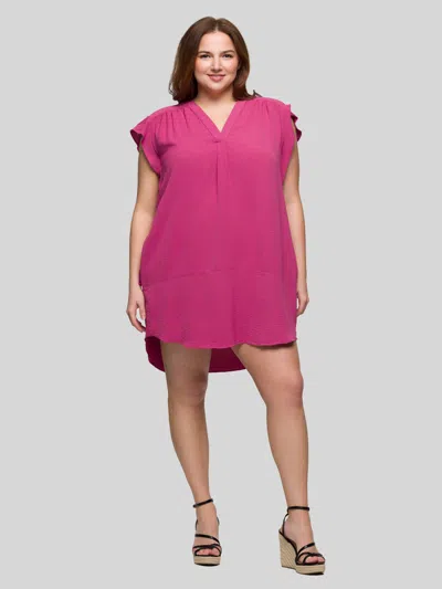 24seven Comfort Apparel Plus Size V-neck Cap Sleeve Knee Length Pocket Dress In Pink
