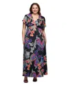 24seven Comfort Apparel Plus Size V-neck Empire Waist Cap Sleeve Maxi Dress In Black Multi