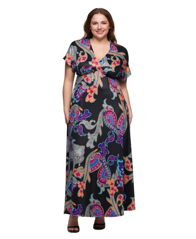 24seven Comfort Apparel Plus Size V-neck Empire Waist Cap Sleeve Maxi Dress In Black Multi