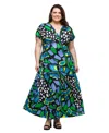 24seven Comfort Apparel Plus Size V-neck Empire Waist Cap Sleeve Maxi Dress In Green Multi