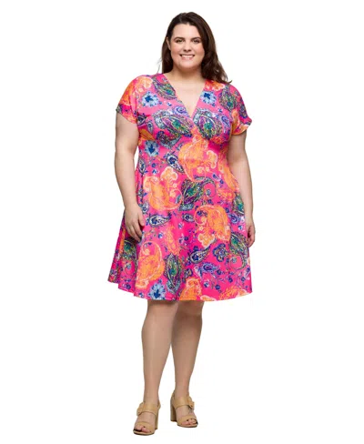 24seven Comfort Apparel Plus Size V-neck Empire Waist Knee Length Dress In Multi