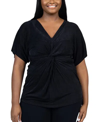 24seven Comfort Apparel Plus Size V Neck Knot Front Kimono Sleeve Top In Black