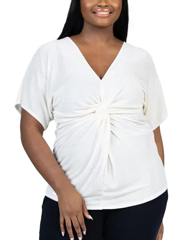 24seven Comfort Apparel Plus Size V Neck Knot Front Kimono Sleeve Top In Ivory