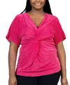24seven Comfort Apparel Plus Size V Neck Knot Front Kimono Sleeve Top In Pink