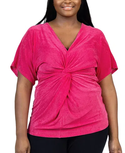 24seven Comfort Apparel Plus Size V Neck Knot Front Kimono Sleeve Top In Pink