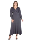 24seven Comfort Apparel Plus Size V-neck Long Sleeve Maxi Dress In Gray