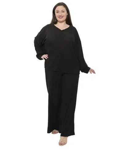 24seven Comfort Apparel Plus Size V-neck Long Sleeve Soft Waffle Knit Top And Pant Set In Black