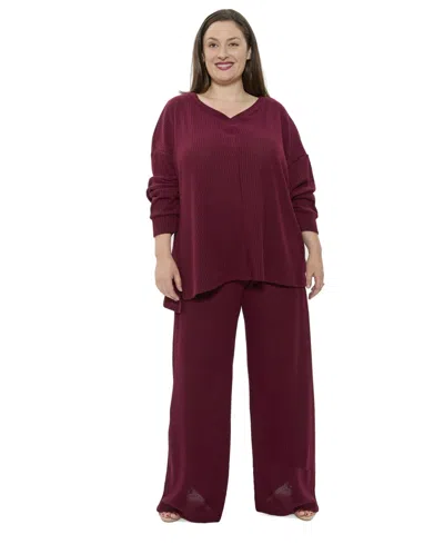 24seven Comfort Apparel Plus Size V-neck Long Sleeve Soft Waffle Knit Top And Pant Set In Burgundy