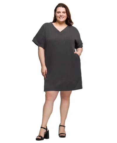 24seven Comfort Apparel Plus Size V-neck Loose Fit Short Sleeve Pocket T Shirt Dress In Black