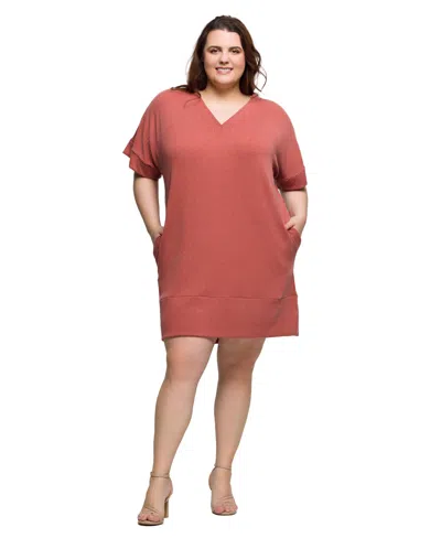 24seven Comfort Apparel Plus Size V-neck Loose Fit Short Sleeve Pocket T Shirt Dress In Pink