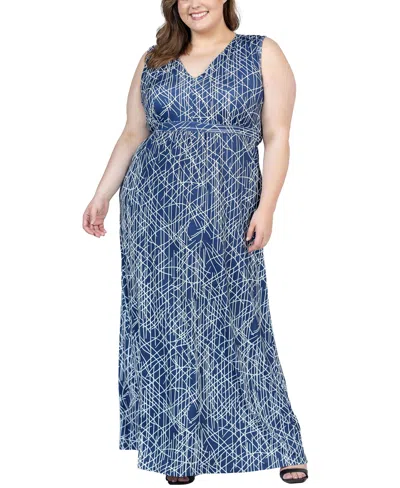 24seven Comfort Apparel Plus Size V Neck Sleeveless Maxi Dress In Blue Multi