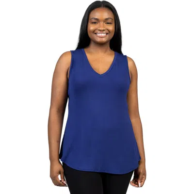 24seven Comfort Apparel Plus Size V-neck Sleeveless Rounded Hemline Top In Navy