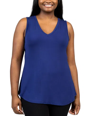 24seven Comfort Apparel Plus Size V-neck Sleeveless Rounded Hemline Top In Navy