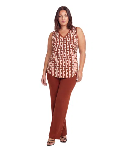 24seven Comfort Apparel Plus Size V Neck Top And Elastic Waist Flared Pant Set In Multi