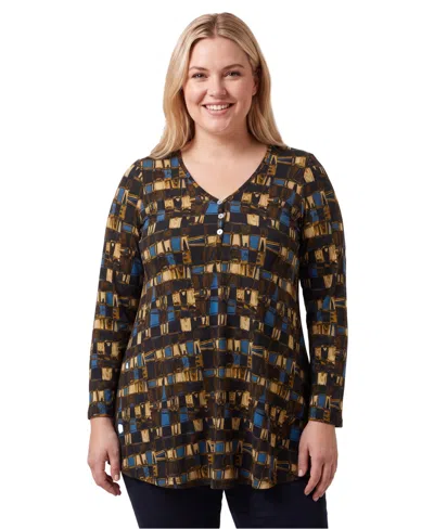 24seven Comfort Apparel Plus Size V-neck Long Sleeve Button Front Tunic In Multi