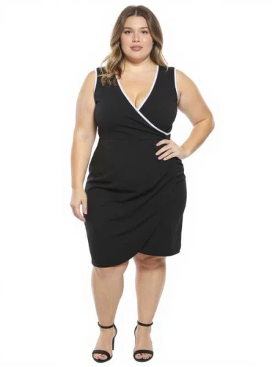 24seven Comfort Apparel Plus Size V-neck Sleeveless Faux Wrap Tulip Hemline Midi Dress In Black