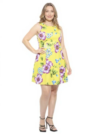 24seven Comfort Apparel Plus Size Yellow Floral Round Neck Sleeveless A-line Mini Shift Dress