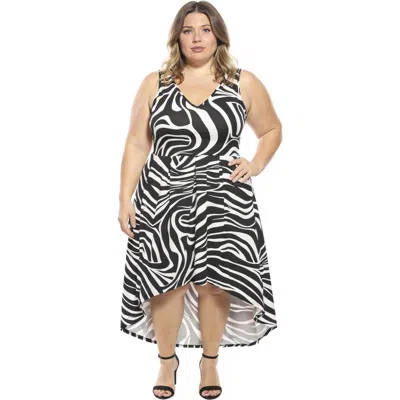 24seven Comfort Apparel Plus Size Zebra Sleeveless Fit N Flare High Low Pocket Midi Dress In Black
