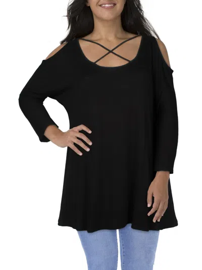 24seven Comfort Apparel Plus Womens Criss-cross Front Cold Shoulder Tunic Top In Black