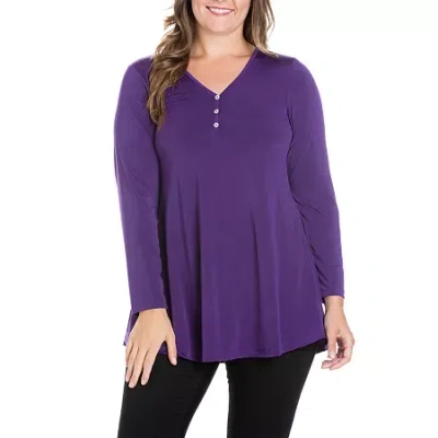 24seven Comfort Apparel Plus Womens Henley Neck Long Sleeve Tunic Top In Purple