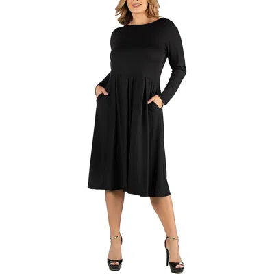 24seven Comfort Apparel Plus Womens Pleated Knee Length Midi Dress In Black