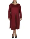 24seven Comfort Apparel Plus Womens Pleated Long Sleeve Midi Dress In Red