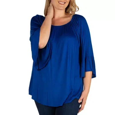24seven Comfort Apparel Plus Womens Round Neck 3/4 Sleeve Tunic Top In Blue