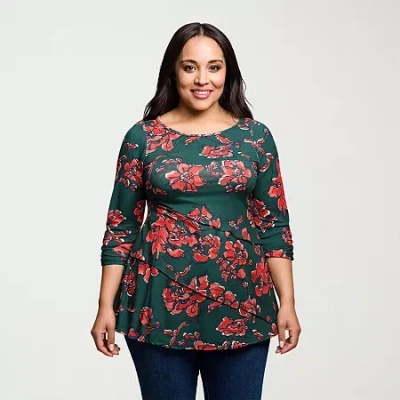 24seven Comfort Apparel Plus Size Green Floral Print Three Quarter Sleeve Tunic Top In Multi