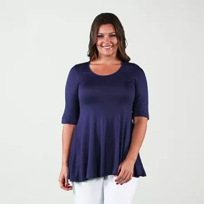 24seven Comfort Apparel Plus Size Scoop Neck Elbow Sleeve Swing Tunic Top In Blue
