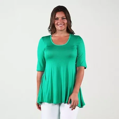 24seven Comfort Apparel Plus Size Scoop Neck Elbow Sleeve Swing Tunic Top In Green