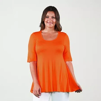 24seven Comfort Apparel Plus Size Scoop Neck Elbow Sleeve Swing Tunic Top In Orange