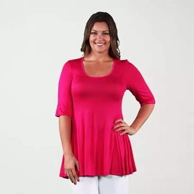 24seven Comfort Apparel Plus Womens Round Neck Elbow Sleeve Tunic Top In Pink