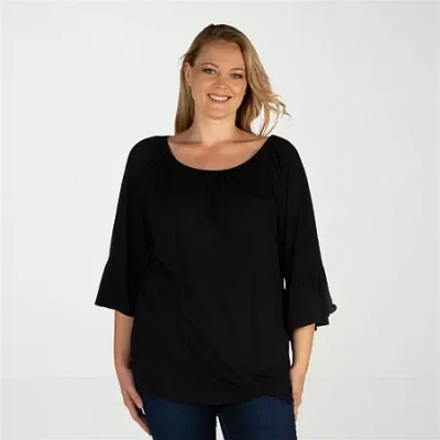 24seven Comfort Apparel Plus Womens Round Neck Long Sleeve Tunic Top In Black
