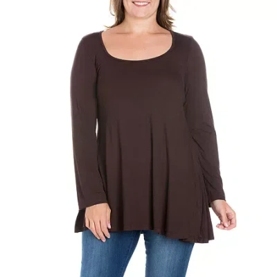 24seven Comfort Apparel Plus Womens Round Neck Long Sleeve Tunic Top In Brown
