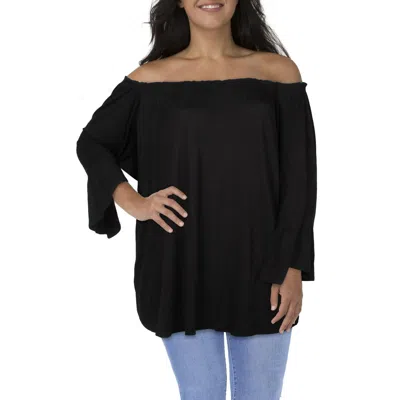 24seven Comfort Apparel Plus Womens Ruched Bell Sleeve Blouse In Black