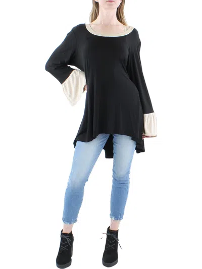 24seven Comfort Apparel Plus Womens Ruffled Sleeves Contrast Trim Pullover Top In Black