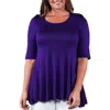 24seven Comfort Apparel Plus Womens Scoop Neck 3/4 Sleeve Tunic Top In Purple