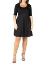 24seven Comfort Apparel Plus Womens Scoop Neck Elbow Sleeve Midi Dress In Black