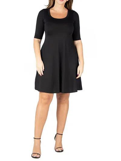 24seven Comfort Apparel Plus Womens Scoop Neck Elbow Sleeve Midi Dress In Black