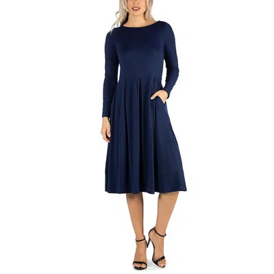 24seven Comfort Apparel Plus Womens Scoop Neck Elbow Sleeve Midi Dress In Blue