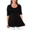 24seven Comfort Apparel Plus Womens Scoop Neck Elbow Sleeve Tunic Top In Black