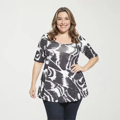 24seven Comfort Apparel Plus Womens Scoop Neck Elbow Sleeve Tunic Top In Black