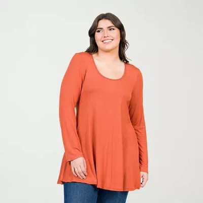 24seven Comfort Apparel Plus Size Scoop Neck Long Sleeve Swing Tunic Top In Orange
